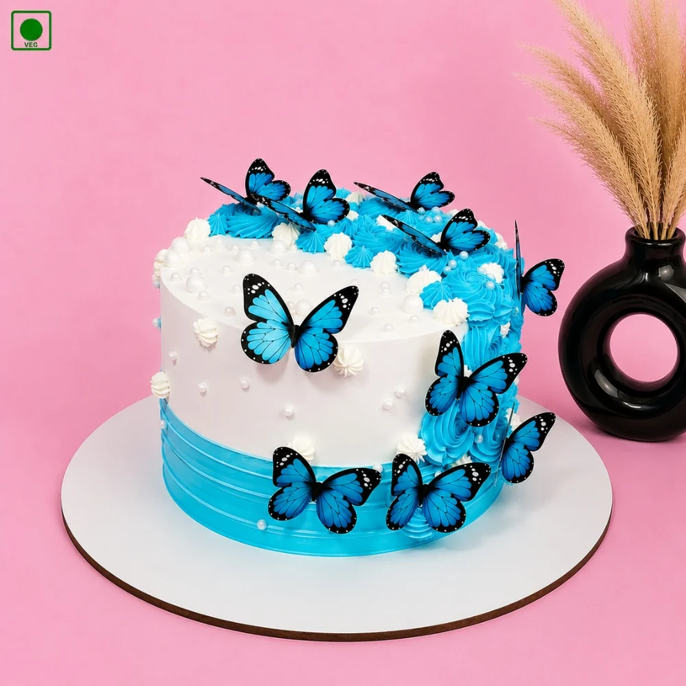 Elegant Blue Butterfly Celebration Cake